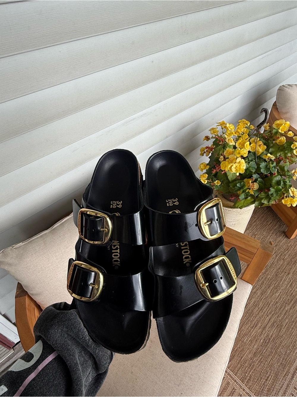 Birkenstock Women’s Black Arizona Sandals with Gold Buckles